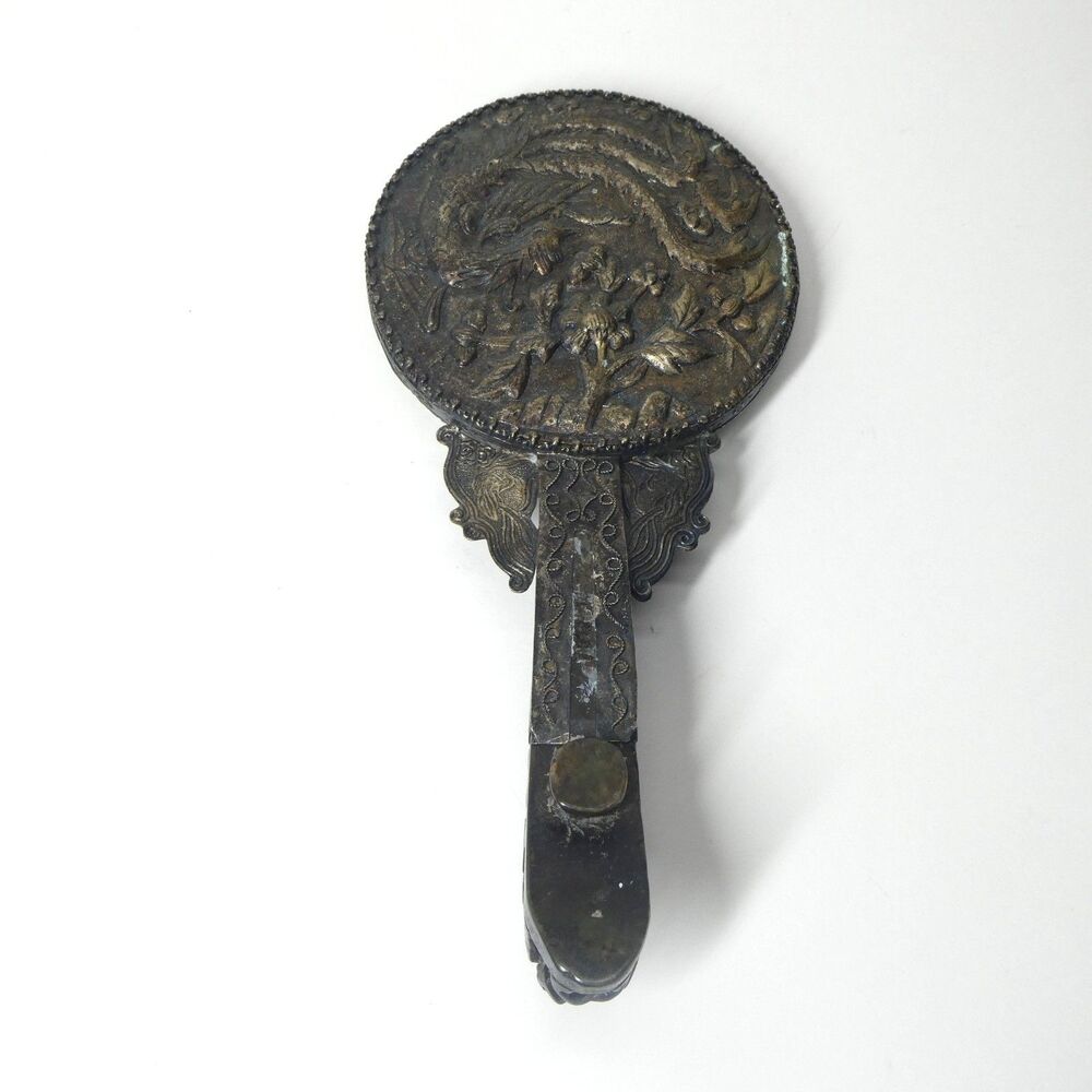 Handheld Mirror Chinese Export Jade Silver Repousse Dragon Flower Antique